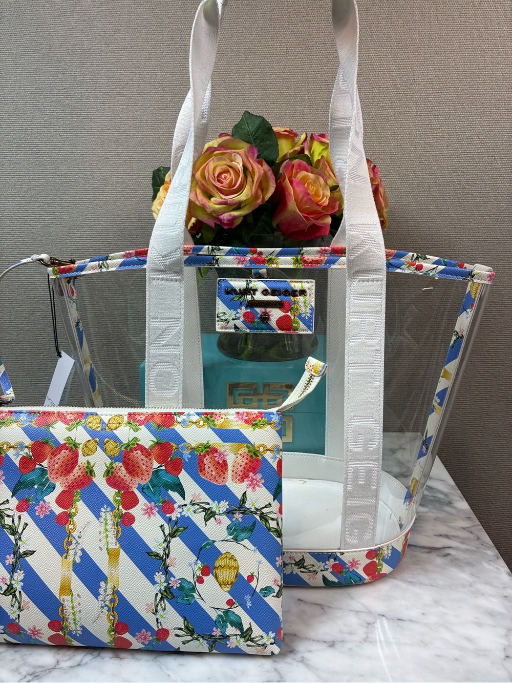 Kurt Geiger Large Hampstead Clear Vinyl Strawberries Tote & Matching Pouch - NWT
